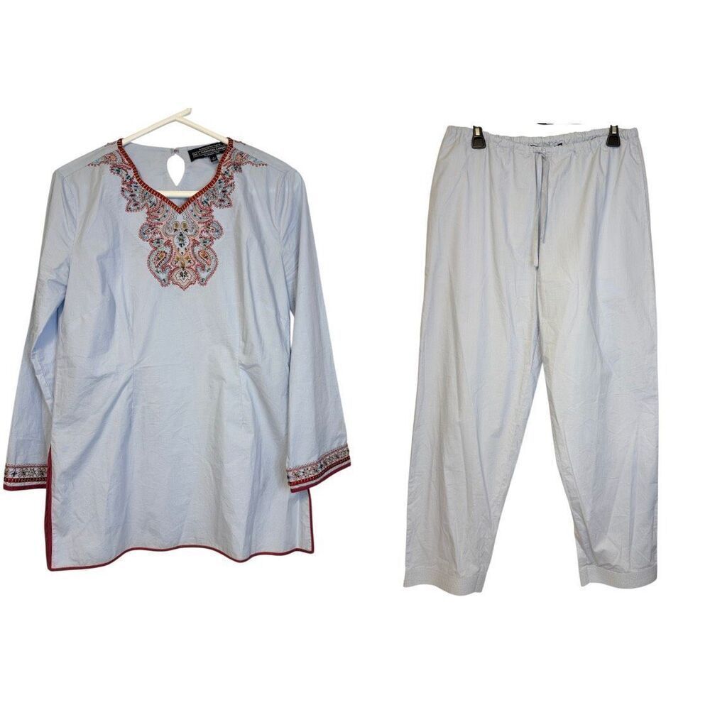J. Peterman Light Blue Epiphany Beaded Embroidered Tunic & Pants Set Small